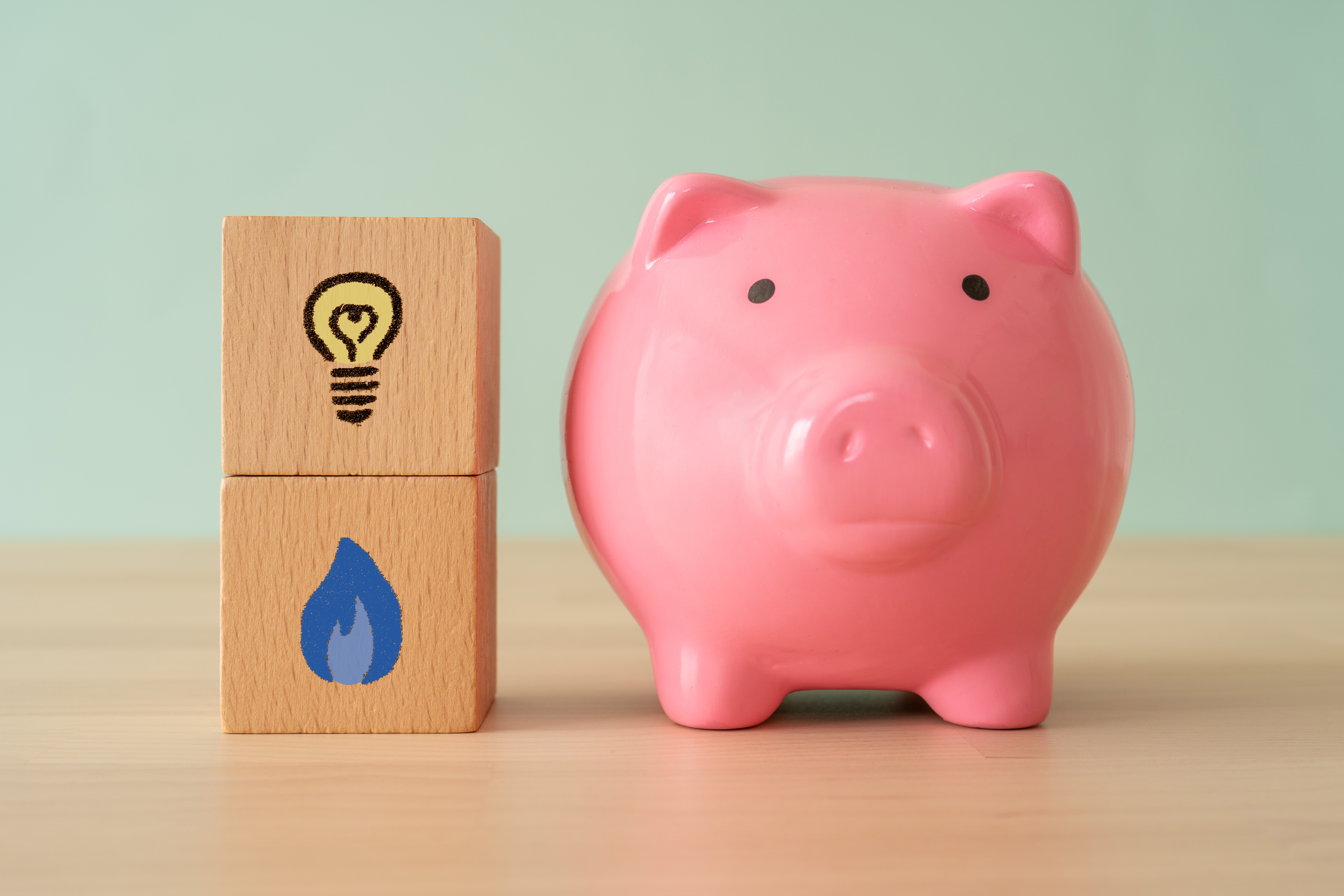 Image of Piggy Bank next to Blocks with Gas and Electricity icons on