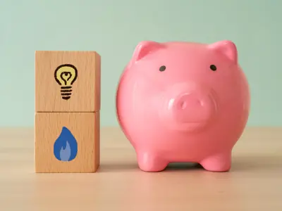 Image of Piggy Bank next to Blocks with Gas and Electricity icons on
